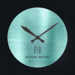 Elegant Monogrammed Teal Green Brushed Metallic Round Clock<br><div class="desc">Personalised Elegant Monogrammed Teal Green Brushed Round Clock.</div>