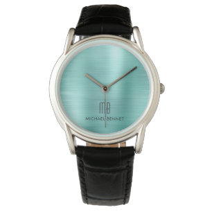 Elegant Monogrammed Teal Green Brushed Metallic Watch