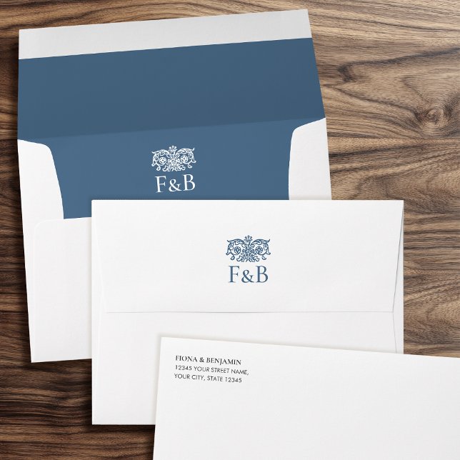 Elegant Monogrammed Wedding Vintage Floral Blue Envelope (Creator Uploaded)