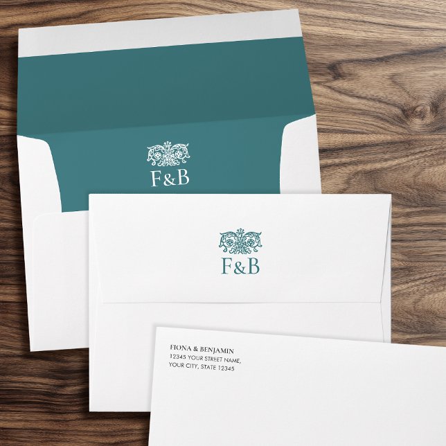 Elegant Monogrammed Wedding Vintage Floral Teal Envelope (Creator Uploaded)