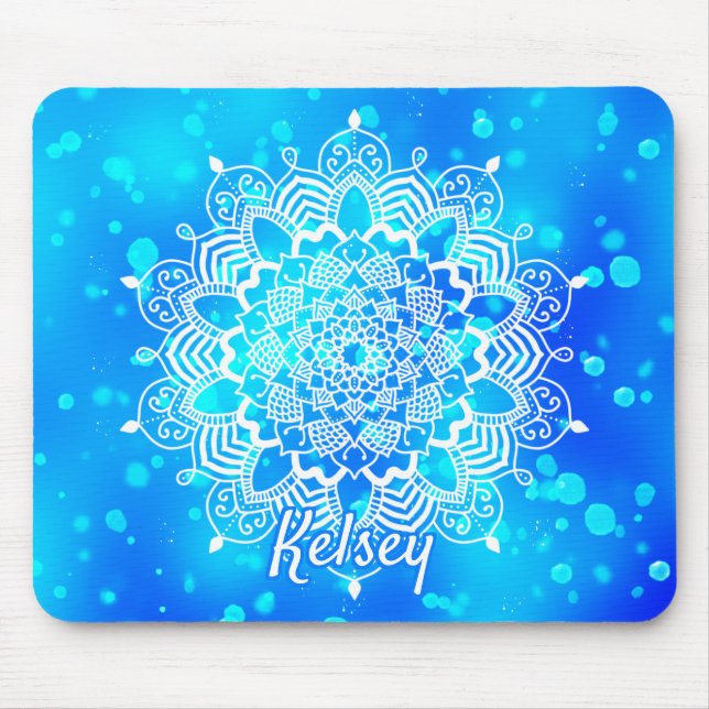 Elegant Monogrammed White & Blue Mandala Pattern Mouse Pad (Front)