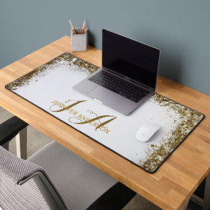 Elegant Monogrammed white gold faux glitter  Desk Mat