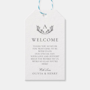 Elegant Monongram & Leaves Grey Wedding Welcome Gift Tags