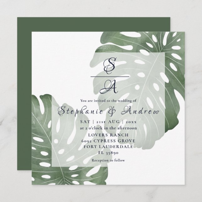 Elegant Monstera Emerald Green Wedding Invitation (Front/Back)
