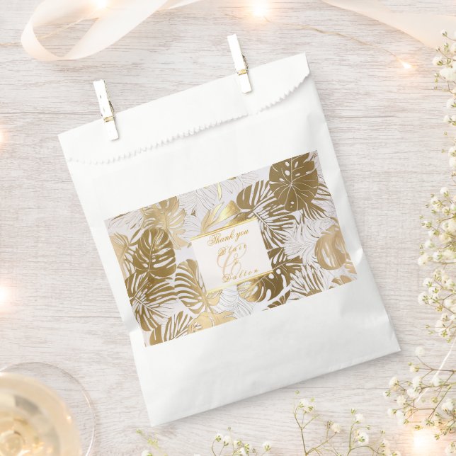 Elegant Monstera Gilded Gold Wedding Favour Bags (Clipped)