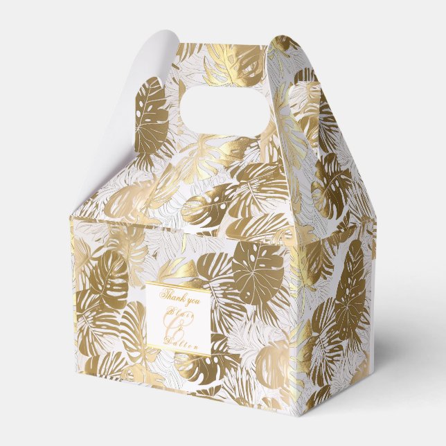 Elegant Monstera Gilded Gold Wedding Favour Box (Front Side)