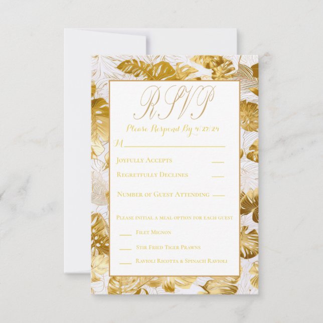 Elegant Monstera Gilded Gold Wedding RSVP  Card (Front)