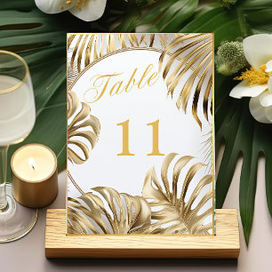 Elegant Monstera Gilded Gold Wedding Table Number