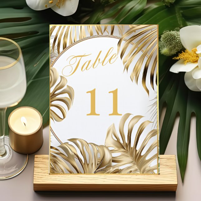 Elegant Monstera Gilded Gold Wedding Table Number (Creator Uploaded)