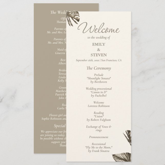 Elegant Monstera Gold Wedding Program Card (Front/Back)