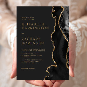 Elegant Moody Black Agate Gold Glitter Wedding Invitation