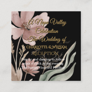 Elegant Moody Black Floral Gold Foil Wedding Recep Enclosure Card