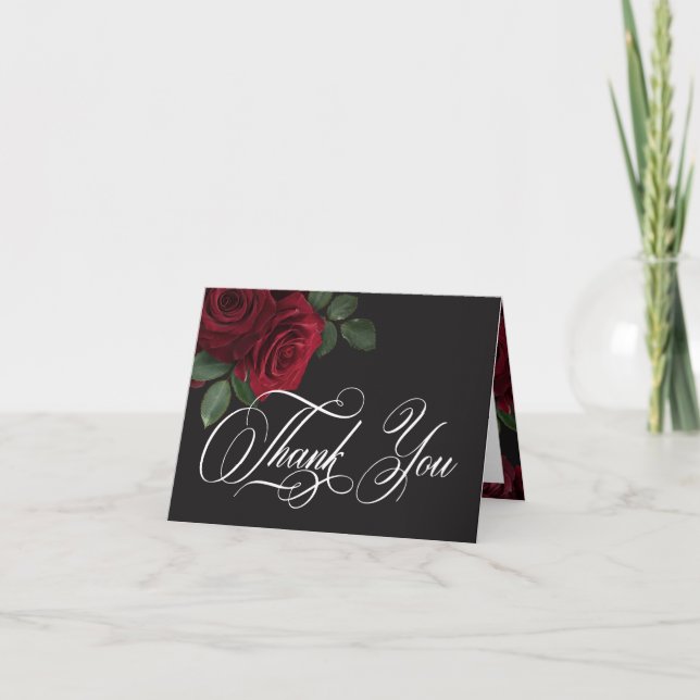 Elegant Moody Blood Red Rose Floral Wedding Folded Thank You Card (Front)