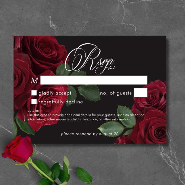 Elegant Moody Blood Red Roses Floral No Dinner RSVP Card (Elegant Moody Blood Red Roses Floral No Dinner RSVP Card)