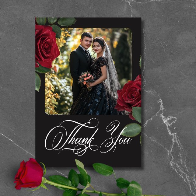 Elegant Moody Blood Red Roses Floral Photo Wedding Thank You Card (Elegant Moody Blood Red Roses Floral Wedding Thank You Card)