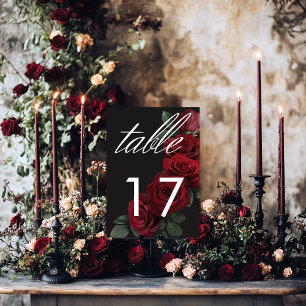 Elegant Moody Blood Red Roses Floral Table Number