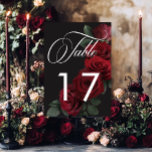 Elegant Moody Blood Red Roses Floral Table Number<br><div class="desc">Embrace timeless elegance for your gothic-inspired celebration with our captivating wedding table number card. A soft black background provides the perfect canvas for a captivating, yet understated bouquet. Imagine an arrangement of muted blood red rose blooms, where rich red hues mingle with dark green foliage. This ethereal design exudes quiet...</div>