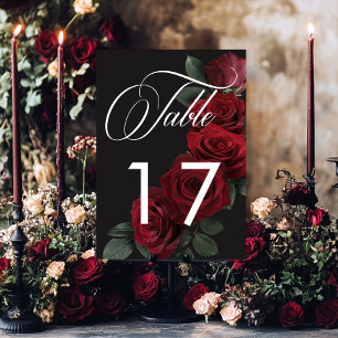 Elegant Moody Blood Red Roses Floral Table Number