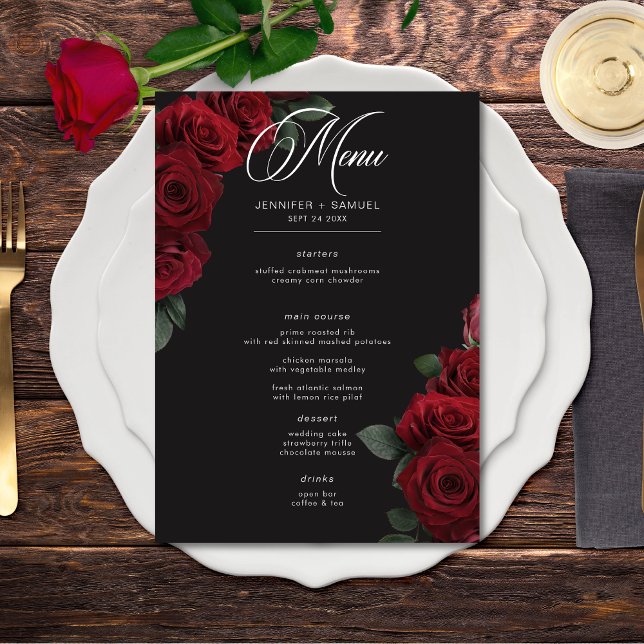 Elegant Moody Blood Red Roses Floral Wedding Menu (Creator Uploaded)