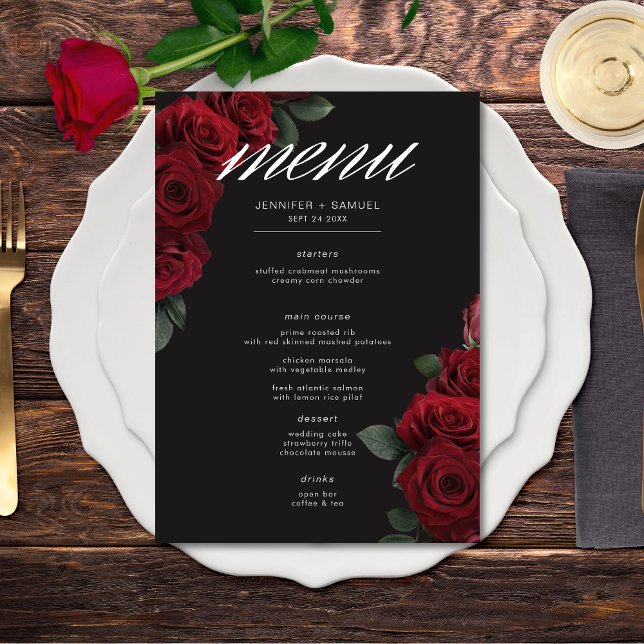Elegant Moody Blood Red Roses Floral Wedding Menu (Elegant Moody Blood Red Roses Floral Wedding Menu)