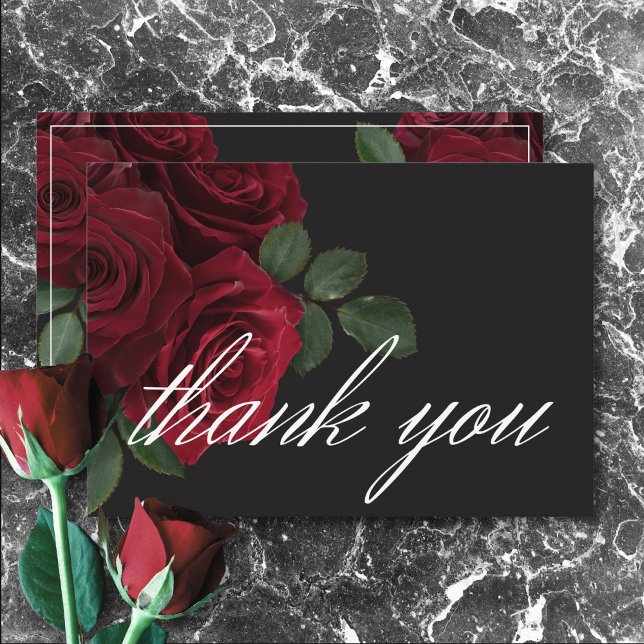 Elegant Moody Blood Red Roses Floral Wedding Thank You Card (Elegant Moody Blood Red Roses Floral Wedding Thank You Card)