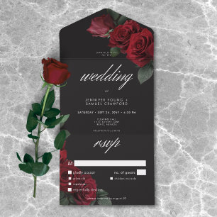 Elegant Moody Blood Red Roses Wedding Dinner All In One Invitation