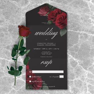 Elegant Moody Blood Red Roses Wedding No Dinner All In One Invitation