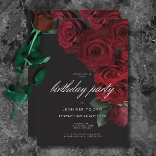 Elegant Moody Blood Roses Floral Birthday Invitation