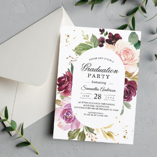 Elegant Moody Burgundy Floral Graduation Party  Invitation