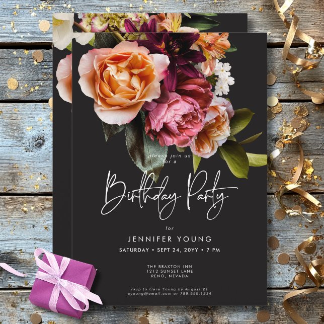 Elegant Moody Burgundy & Pink Floral Birthday Invitation (Elegant Moody Burgundy & Pink Floral Birthday Invitation)
