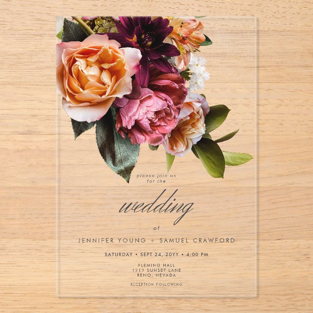 Elegant Moody Burgundy & Pink Floral Wedding Acrylic Invitations (Front)
