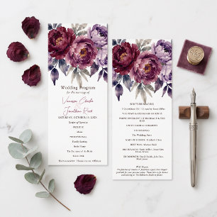 Elegant Moody Burgundy Plum Peony Autumn Wedding Programme