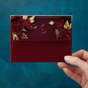 Elegant Moody Burgundy Red Floral and Gold Wedding Envelope