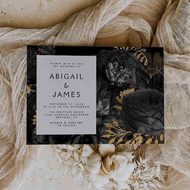 Elegant Moody Dark Floral Black Gold Wedding Invitation (The perfect choice for a romantic black and gold themed wedding.)