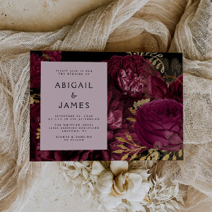 Elegant Moody Dark Floral Burgundy Gold Wedding Invitation