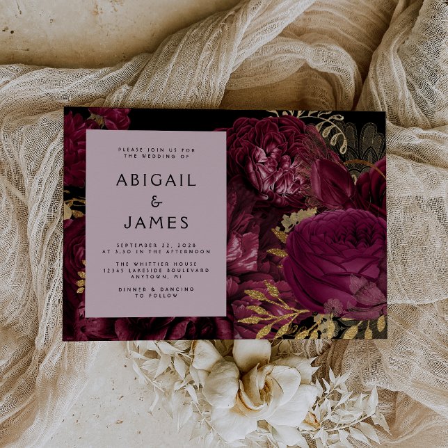 Elegant Moody Dark Floral Burgundy Gold Wedding Invitation (The perfect choice for a romantic burgundy and gold themed wedding.)