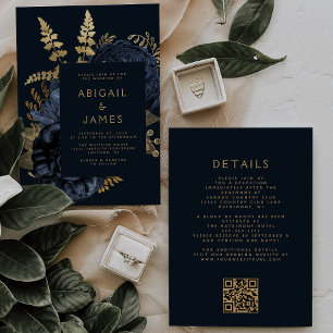Elegant Moody Dark Floral Navy Blue Gold Wedding Invitation