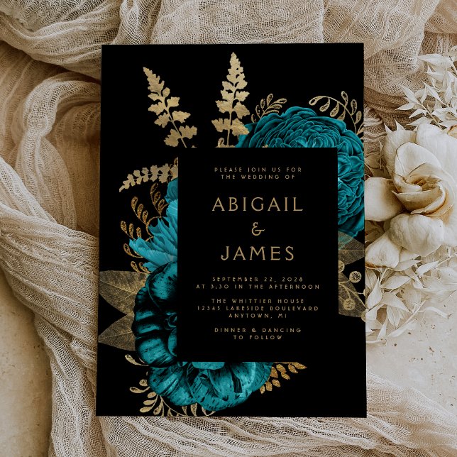 Elegant Moody Dark Floral Turquoise Gold Wedding Invitation (The perfect choice for a romantic turquoise and gold themed wedding.)