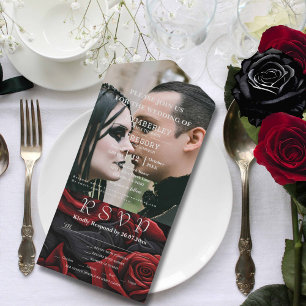 Elegant Moody Dark Gothic Red Rose on Black Photo All In One Invitation