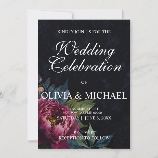 Elegant moody dark pink watercolor floral Wedding  Invitation (Front)
