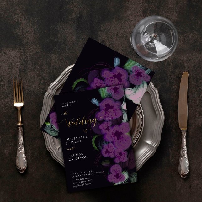 Elegant Moody Dark Purple Orchids Bouquet Wedding Invitation (Creator Uploaded)