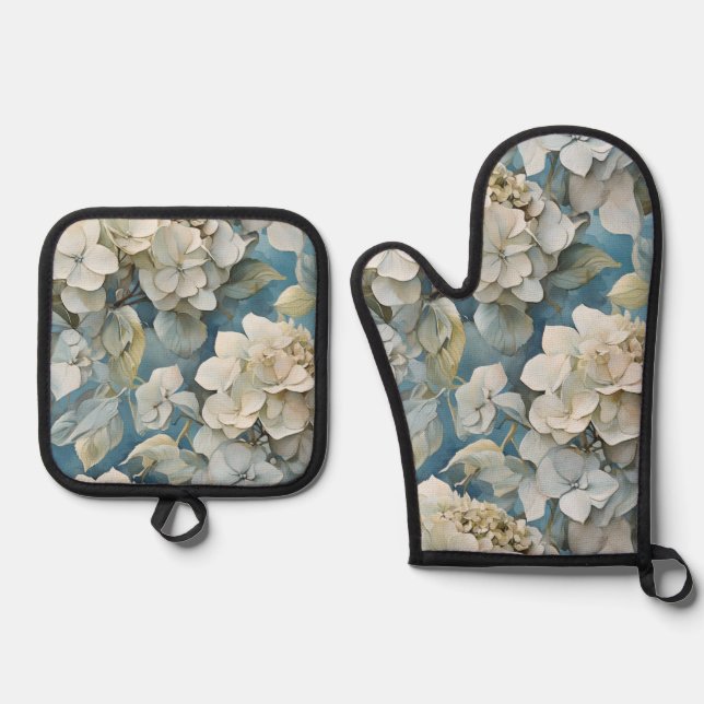 Elegant moody dusty blue watercolor florals oven mitt & pot holder set (Front)