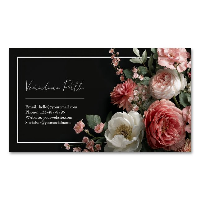 Elegant Moody Floral Pink Peony  Magnetic Business Card (Front)