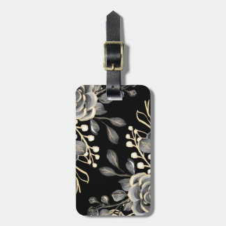 Elegant Moody Grey Floral Gold Black Watercolor Luggage Tag