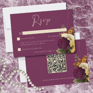 Elegant Moody Jewel Vintage Floral Wine Wedding QR RSVP Card