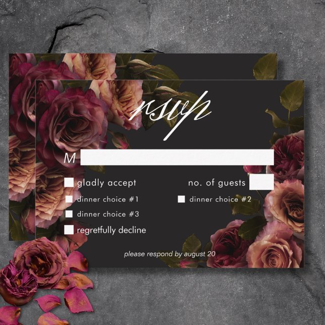Elegant Moody Muted Rust & Burgundy Floral Dinner RSVP Card (Elegant Moody Muted Rust & Burgundy Floral Dinner RSVP Card)