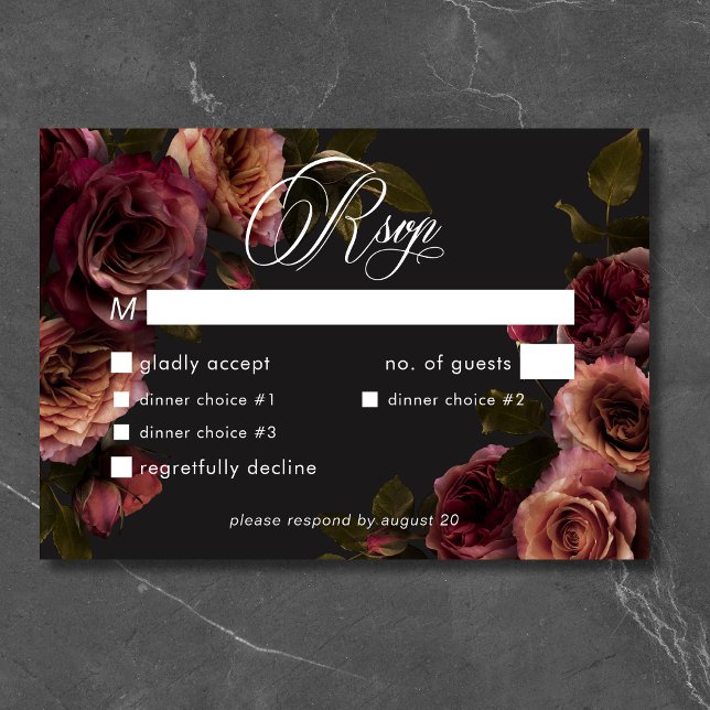 Elegant Moody Muted Rust & Burgundy Floral Dinner RSVP Card (Elegant Moody Muted Rust & Burgundy Floral Dinner RSVP Card)