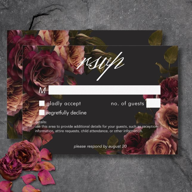 Elegant Moody Muted Rust Burgundy Floral No Dinner RSVP Card (Elegant Moody Muted Rust Burgundy Floral No Dinner RSVP Card)