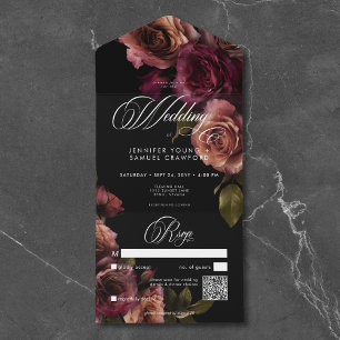 Elegant Moody Muted Rust & Burgundy Floral QR Code All In One Invitation