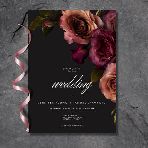 Elegant Moody Muted Rust & Burgundy Floral Wedding Invitation